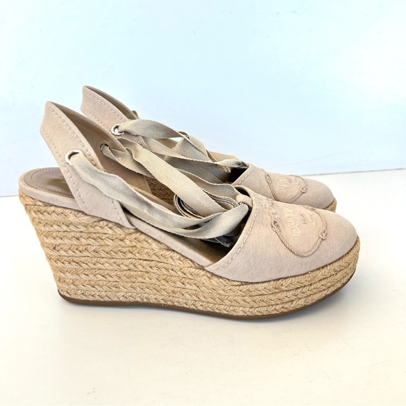 PRADA Beige Canvas Ankle Strap Lace Wrap Platform Wedges Sandal Espadrille Sz 38 - Picture 15 of 15